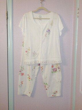 Vtg Aria Cotton Plissé Pajama Set M Eyelet Top & Pants 2 Piece Floral Cottagecor